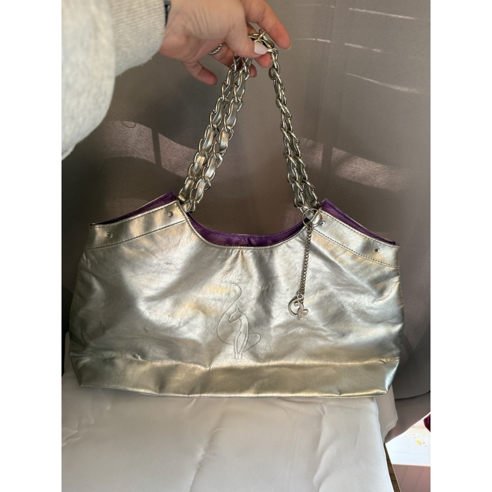 Baby Phat Metallic Silver Chain Shoulder Bag Purse Y2K Cat Logo Tote w/ Charm